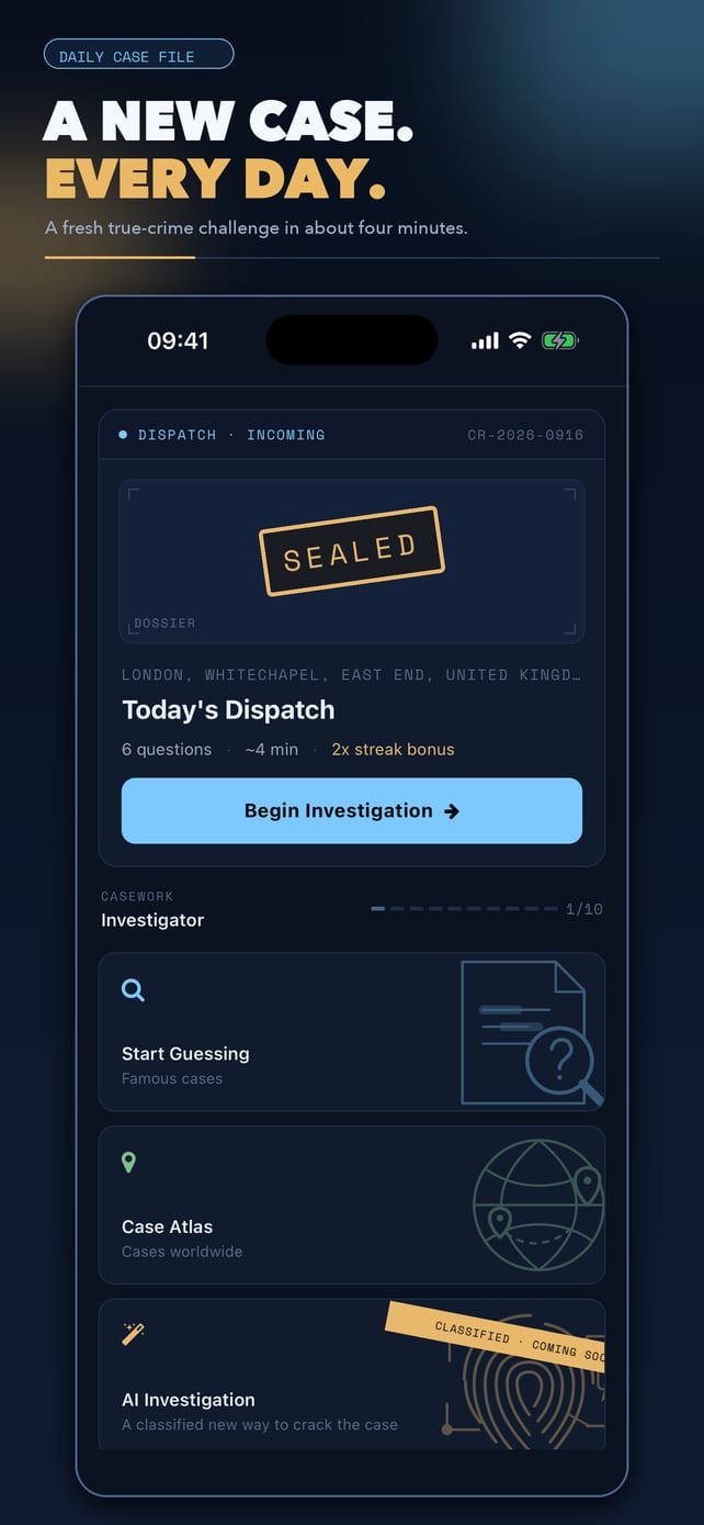 Criminaler home screen with Today's Dispatch and the game's three investigation modes.