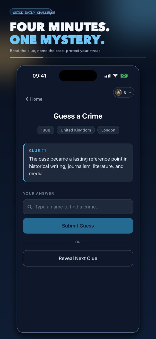 Quiz of the Day screen with a clue, an answer field, and the option to reveal another clue.