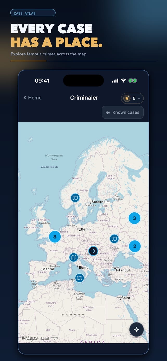 Criminaler Case Atlas showing cases across a map of Europe.