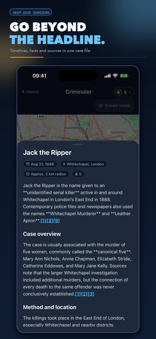 Jack the Ripper case file with a map, overview, sources, and case details.